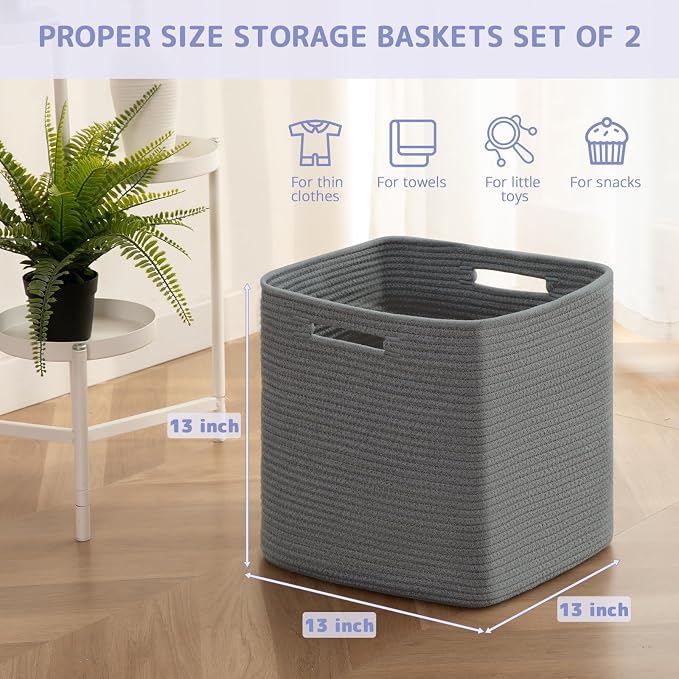OIAHOMY 2 PACK Cube Storage Bin 13 Inch Collapsible Storage Cube Dark Grey | Cube Storage Organizer Storage Bins for Shelves Baskets for Organizing Woven Rope Storage Baskets