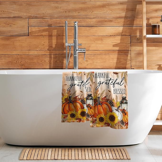 Giwawa Fall Autumn Towel Set of 2 Thankful Grateful Blessed Pumpkins Sunflowers Hand Face Towels Thanksgiving Harvest Soft Microfiber Gym Spa Dish Towel for Bathroom Guest Hotel Season Decor