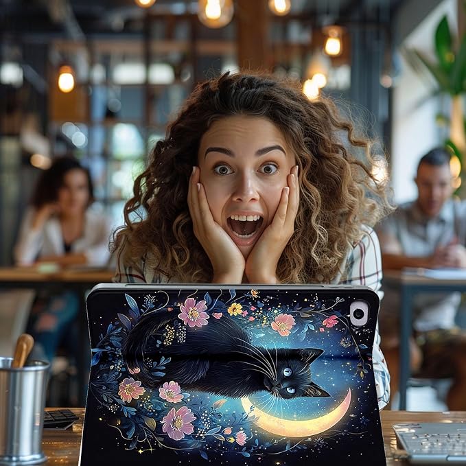 for Microsoft Surface Pro X/Pro X Plus-13 2019/2020/2021/2024 Tablet Case,Auto Wake/Sleep,Adjustable Stand Protective Cover - Black Cat Moonlight Floral
