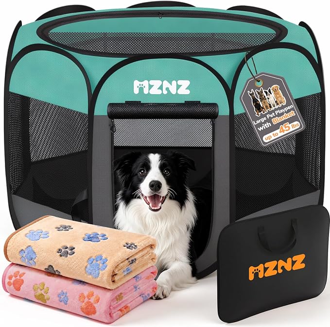 Dog Cat Small Animal Puppy Playpen Crate with 2 Blankets, Large, Blue | Portable Pop Up Pet Cage Enclosure Tent Kennel Indoor Outdoor with Carrying Case, No Assembly, Camping Use