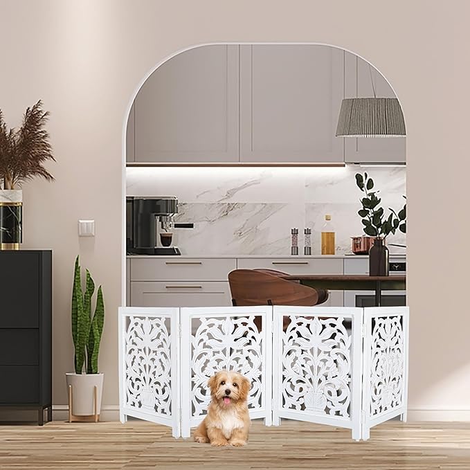 Lightnpro 4-Panel Wooden Dog Gate with Stopper – 72 Inch Extra-Wide Foldable Freestanding Pet Barrier, Antique White Indoor Safety Fence for Small Dogs & Puppies – 24x18 Inch Panels