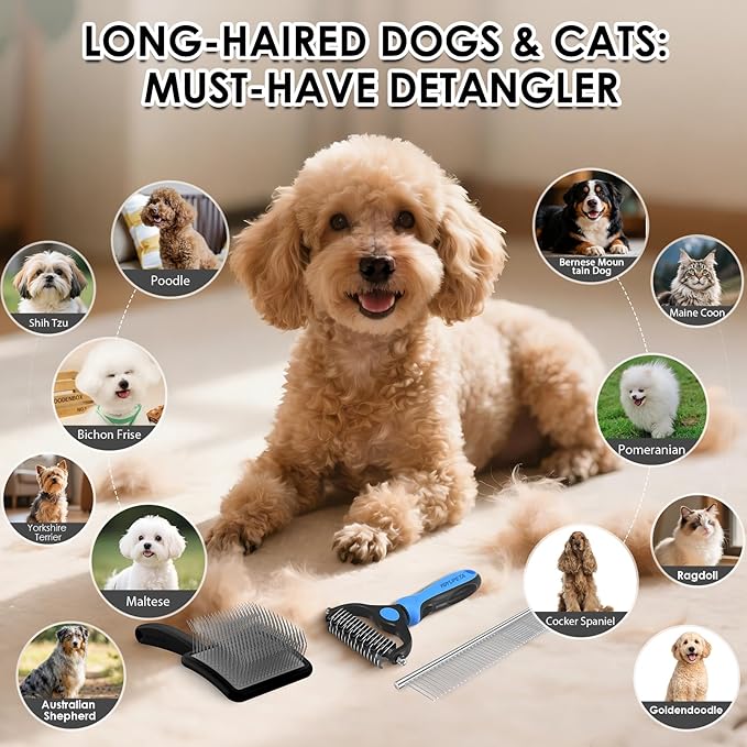 Large Dog Slicker Brush for Goldendoodles, Poodles - 3 in 1 Grooming Kit with Undercoat Rake, Comb - Extra Long Pins for Dematting Great Pyrenees, Thick Coats, Shedding, Detangling, Black