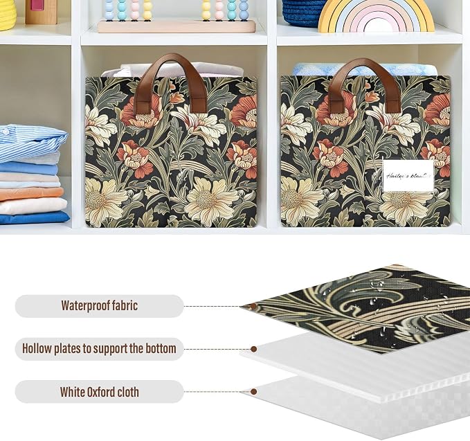 Vintage Cottage Sage Green Floral Green Black Storage Bins for Shelves with Labels&Handles Fabric Organizer Bin Foldable Rectangle Storage Basket Boxes for Closet, Bathroom, Home, Living Room