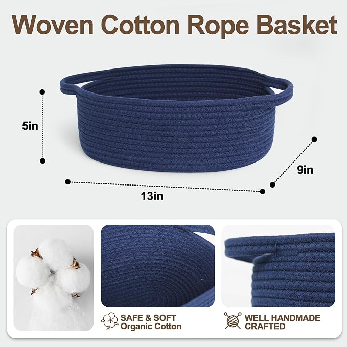 Small Blue Woven Basket, 13"x 9"x 5" Gift Basket Empty, Cotton Rope Kids Dog Cat Toy Bin Box, Cute Baby Nursery Easter Organizer, Decorative Wicker Storage with Handle, Navy Blue Room Decor