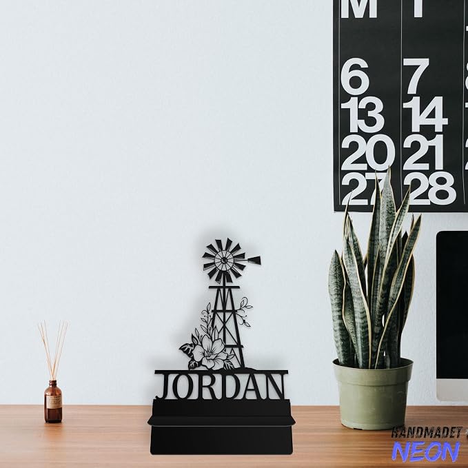 Personalized Farmhouse Windmill Phone Holder, Custom Name Metal Desk Stand, Natural Accessories Dock, Tablet, Smartphone Stands, Gifts For Friends, Home Lovers, Teens, Christmas