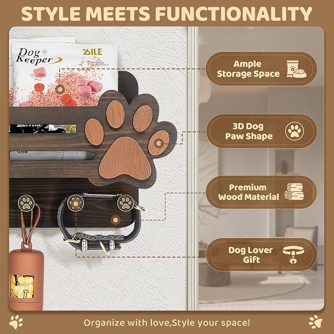 MTERSN Dog Leash Holder for Wall with Floating Shelf & 6 Hooks, Dark Brown | 3D Paw-print Design, Mail Organizer Store Dog Stuff, Cute Dog Accessories Organizer with Shelf, Ideal for Farmhouse Decor