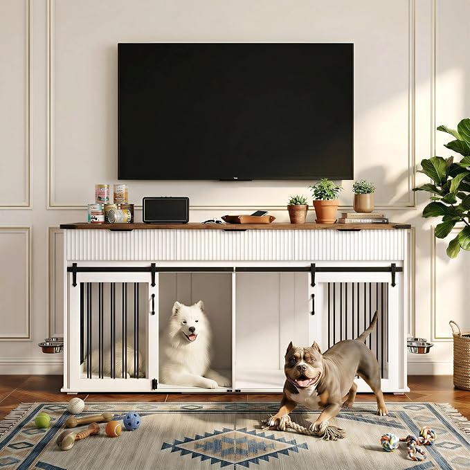 71'' Large Dog Crate for 2 Dogs, Dog Kennel Indoor with 3 Drawers and Removable Divider, Double Dog Crate Furniture with 360° Rotating Feeder, Wooden Dog Cage for Medium Large Dogs (White)