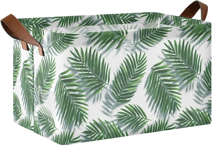 Tropical Green Palm Leaves Storage Basket Foldable Cube Storage Bins with Handles&Label Waterproof Collapsible Organizer Box Bin Large Rectangle Decorative Baskets for Shelves Home Room Laundry