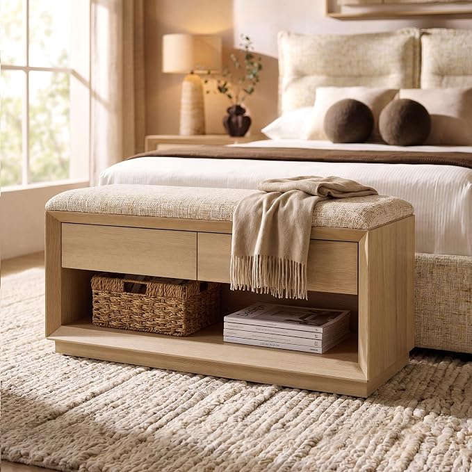 40" Wood Shoe Storage Bench, Modern Entryway Bench with Cushion | 2 Storage Drawers, Wooden Storage Bench for Bedroom End of Bed, Entryway, Mudroom, Closet, Living Room, Natural Wood