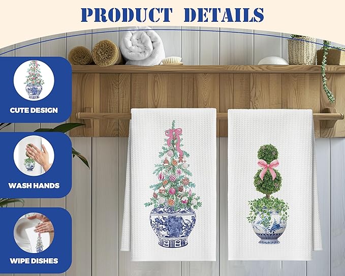 Kitchen Towels Set of 2, Blue and White Porcelain Chinoiserie Dish Towel for Kitchen Bathroom, Pink Bow Decorative Hand Towels, Housewarming for Women Mom Hostess -10