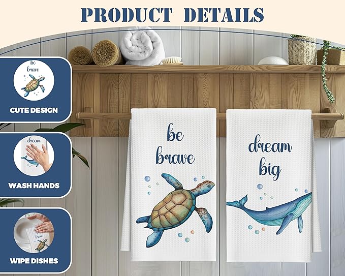 Kitchen Towels Set of 2, Nautical Sea Turtle Whale Dish Towel for Kitchen, Beach Coastal Decorative Hand Towels for Bathroom, Fast Drying Tea Towel, Housewarming Gifts for Women Mom -B11