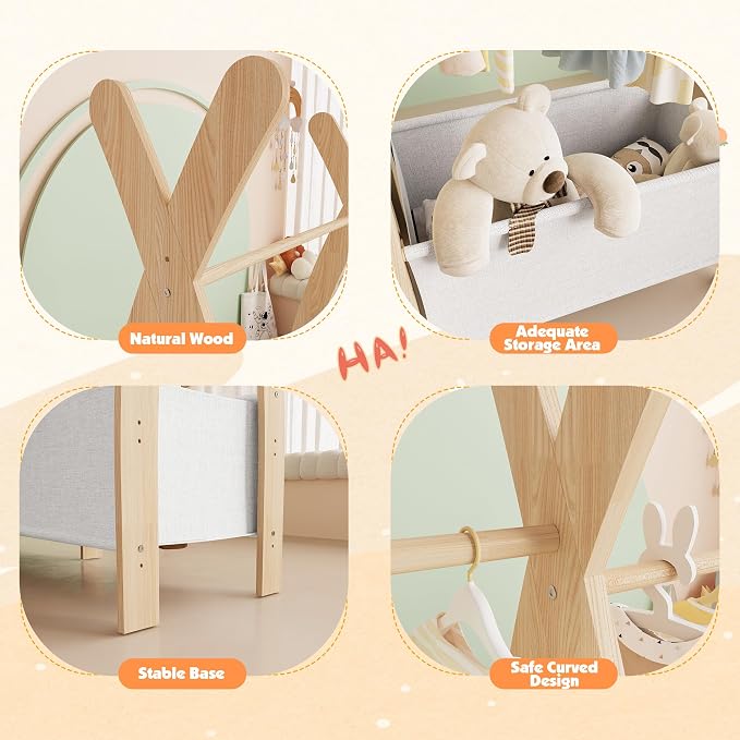 Kids Clothing Rack Dress Up Storage Closet for Girls Baby Garment Wardrobe Toddler Costume Closet with Double Hanging Rod Wood 2 Tier Bottom Storage Shelves (Double Row with Two Storage Boxes)