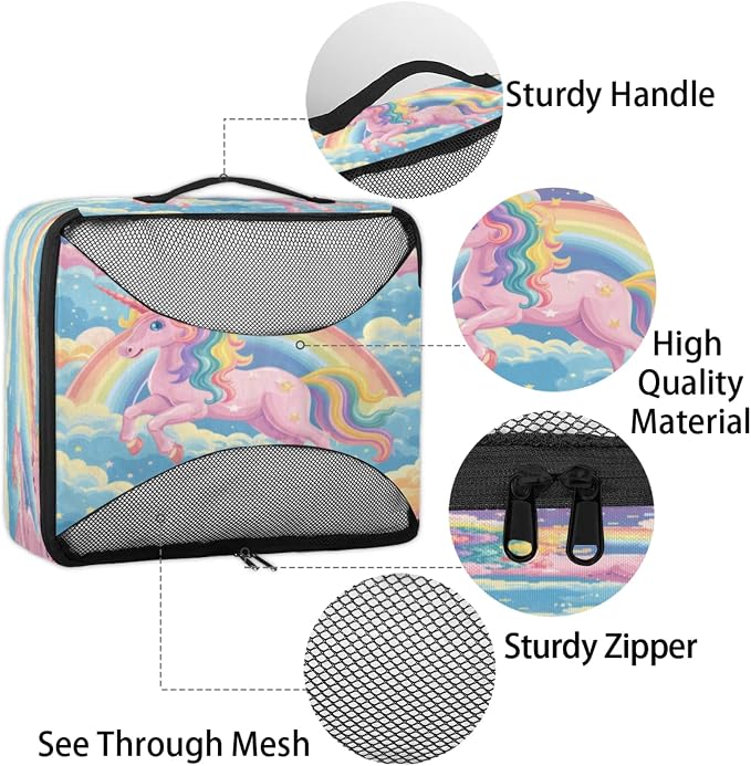 4 Set Packing Cubes for Travel, Rainbow Unicorn Packing Cubes for Women, Travel Luggage Packing Organizers, Packing Cube Set, Unicorn Cartoon