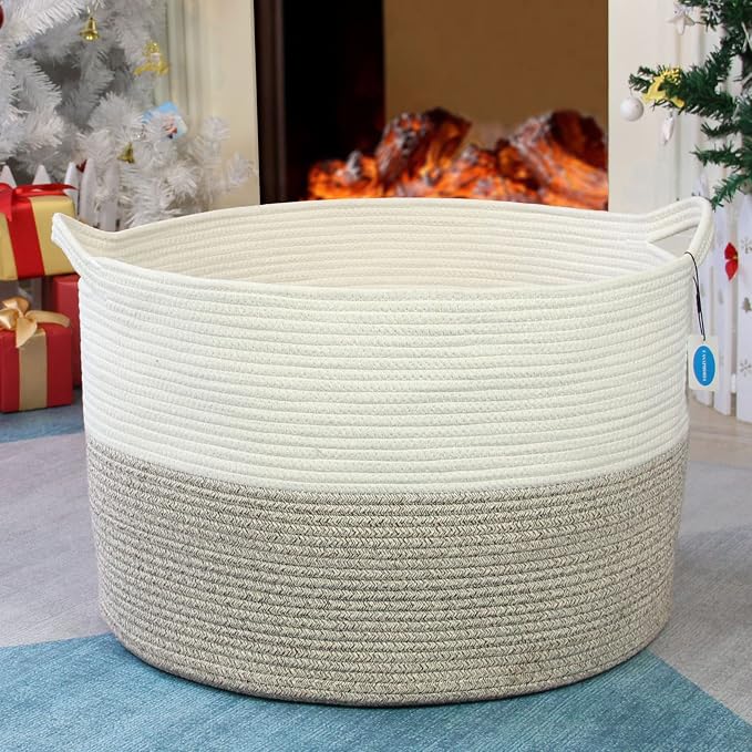 Casaphoria XXL Cotton Rope Basket - 21.7" x 21.7" x 13.8" Woven Laundry Hamper with Handle
