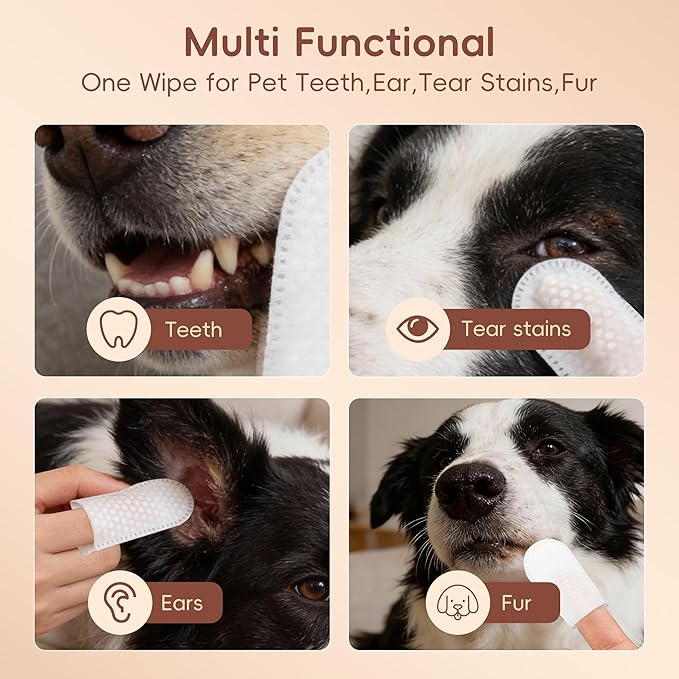 Dog Teeth Cleaning Wipes, 60 Pcs Pet Dental Cleaning Finger Wipes Tooth Brushing Kit for Dogs Cats Plaque Tartar Remove, Dog Healthy Mouth Toothbrush Finger Wipe for Pets Oral Care, Coconut Oil