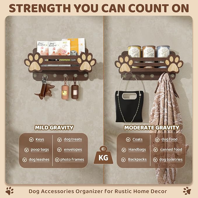 MTERSN Dog Leash Holder for Wall with Mail Holder for Pet Lovers,Dark Brown | Acacia Wood, Adorable 3D Paw-print Design, 6 Hooks, Store Treats & Dog Food, Dog Accessories Organizer, Home Organization