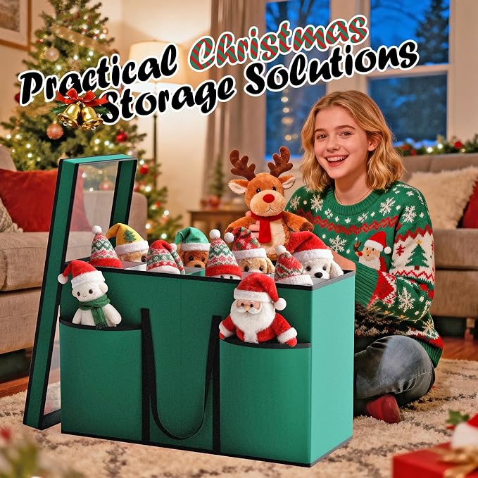 Christmas Figurine Storage Box & Nutcracker Storage Containers with Visible Lid and Dividers, Keeps 8 15"-Figurine Collectibles, Xmas Holiday Decoration Storage Bag, 600D Oxford / Tear-Proof, Green