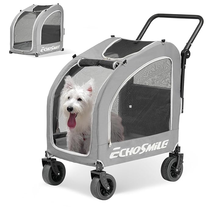 EchoSmile 4-Wheel Pet Stroller for Dogs & Cats, Up to 135 lbs, Grey | Lightweight Carrier · Storage Basket Included · Adjustable Handle · Removable Pad