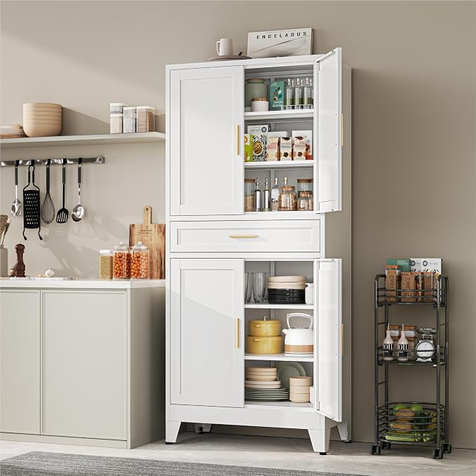 YAUWOH 71''Tall Kitchen Pantry Cabinet with Drawer,6-Tiers Metal Pantry Storage Cabinet with 4 Adjustable Shelves and 4 Barn Doors, Freestanding Farmhouse Food Cupboard for Dining Room (1PC,White)