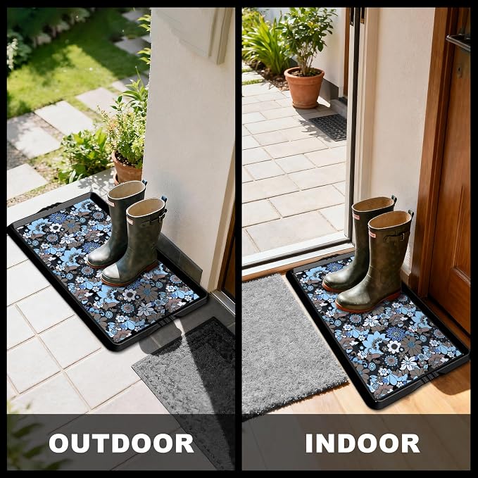 BEHERO Boot Tray Shoe Mat Decorative Patterned, Rubber Shoe Matt Tray Indoor/Outdoor Use, 16" x47.5" Shoe Cleaning Mat Non-Slip, Shoe Storage Waterproof Flower Prints for Entryway, Velvet Bloom