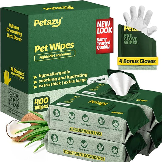 Petazy Dog Wipes for Paws and Butt – 400 Count (8x8in) Hypoallergenic, Deodorizing Pet Wipes for Dogs and Cats | Extra Large, Plant-Based, Unscented | Includes 4 Grooming Glove Wipes