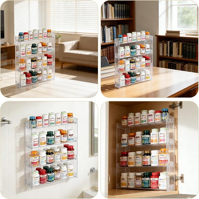 4-Tier Vitamin Storage Organizer, Medicine Organizer for Vitamin Bottles Pill Bottles Holder Rack for Countertop, Bathroom Cabinet Storage Items Are Clearly Visible