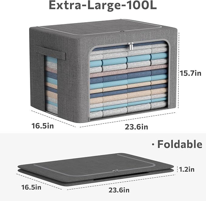 CYhom 3Pack Foldable Storage Bins - Frame Storage Box Linen Fabric Stackable Clothes Container Organizer with Clear Window & Carry Handles Large Capacity (Extra Large-100L, Dark Gray)