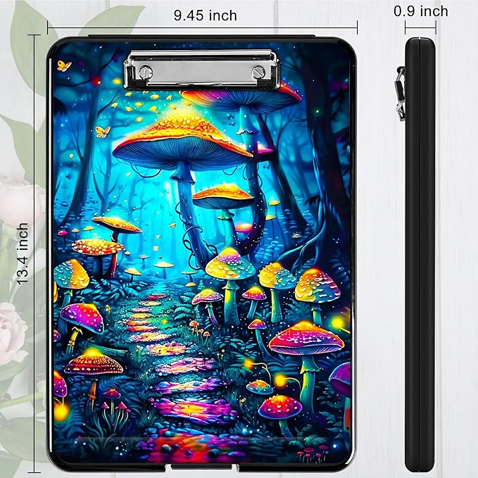 Blue Forest Mushroom A4 Clipboard with Storage Pen Holder, Clipboards Organizer Nursing Clipboard Foldable File Folder Plastic Clipboard Folio Clip Board for Office Students Classroom