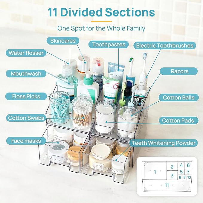 Vtopmart 7 PCS Bathroom Countertop Organizer | 1 Divided Tray, 4 Qtip Holder Jars, 2 Drawers, Clear, For Toothbrush, Cotton Pads, for bathroom countertop