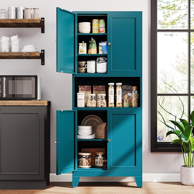69"H Blue Storage Cabinets,Metal Cabinet with Doors and Shelves,Tall ,Bathroom Storage Cabinet,Large Cabinets with Glass Doors and Adjustable Shelves,Cabinet for Bathroom, Living Room, Dining Room