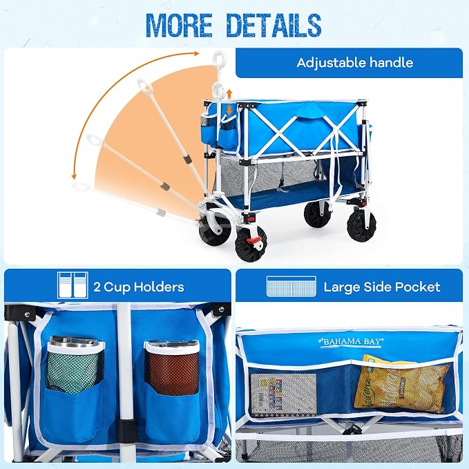 Old Bahama Bay 400L Collapsible Double Decker Beach Wagon with Brakes, Folding Beach Cart with 54" Extra Long Decker, 450LBS Heavy Duty Wagon Chart with All-Terrain Big Wheels for Sand Camping Garden