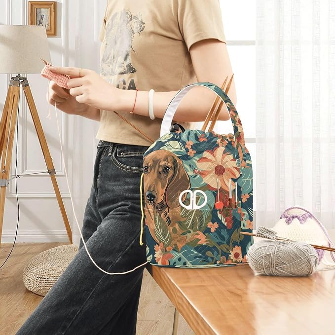 Fustylead Vintage Lovely Dachshund Dogs and Floral Knitting Yarn Storage Tote Basket, Durable Polyester Large Crochet Drawstring Bag for Crocheting Project, Sewing Supplies, Needles