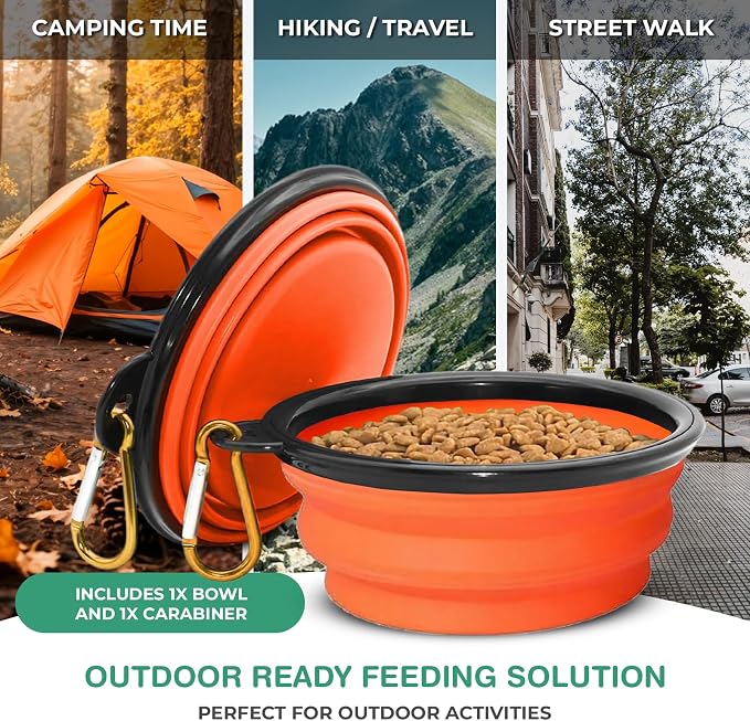 Collapsible Dog Bowls for Travel, BPA Free, Orange | Travel, Portable Water Bowl, Food, Foldable Pet Feeding Dish, Walking Hiking Camping with Carabiner, Dogs and Cats
