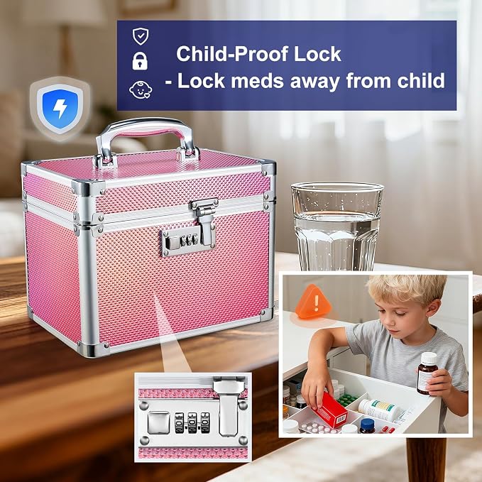 Medicine Lock Box with 3-Digit Combination Lock – Pink Lockable Storage Box for Medication, Small Lock Box for Valuables, 10"x7"x7.9" Locking Medicine Box for Home Travel Dorm