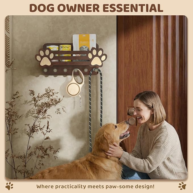 MTERSN Dog Leash Holder for Wall with Mail Holder for Pet Lovers,Dark Brown | Acacia Wood, Adorable 3D Paw-print Design, 6 Hooks, Store Treats & Dog Food, Dog Accessories Organizer, Home Organization