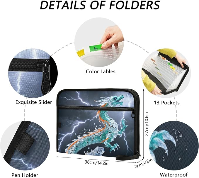 Lightning Crystal Dragon Expanding File Folder with Sticky Labels, 13 Pockets Accordion File Folder Document Organizer Expandable Zip File Folder with Zipper Closure