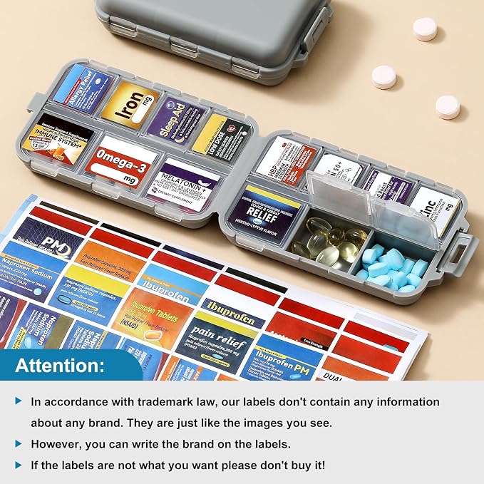 14 Grids Travel Pill Organizer Box with 415-Pcs Medicine Name Labels - Pocket Daily Pharmacy Case Container - Travel Medication Holder Dispenser Kit for Fish Oil Vitamin Supplement Storage - Grey