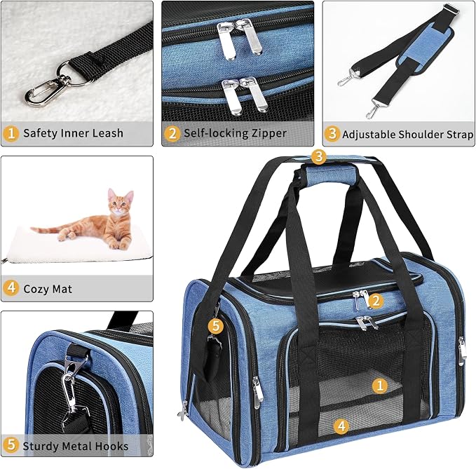 Soft-Sided Cat/Dog/Pet Carrier, Collapsible Pets Travel Carriers | for Big Cats/Small Dogs with Shoulder Strap & Removable Mat, Mesh Puppy Carry Bag, Up to 16 Lbs, TSA Airline Approved(Blue)