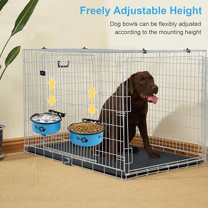 Stainless Steel Dog Crate Bowls Hanging No Spill 2 PCS - Adjustable Mountable Kennel Bowls for Medium/Large Dogs, Anti Spill Water & Food Bowl Set (Blue, M(5.5"+6.3"))