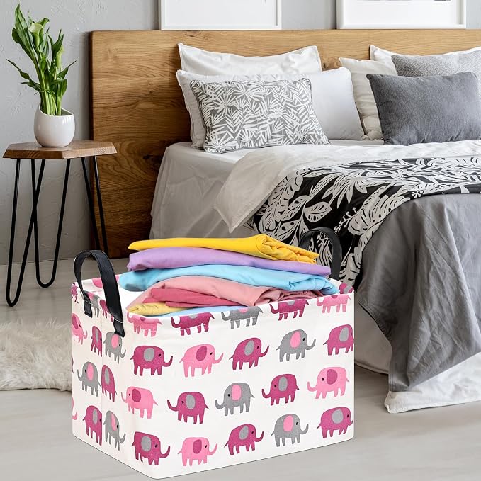 Baby Storage Basket Nursery Box Laundry Hamper Organization Bins for Toys and Clothes with Handles (Pink Elephant)