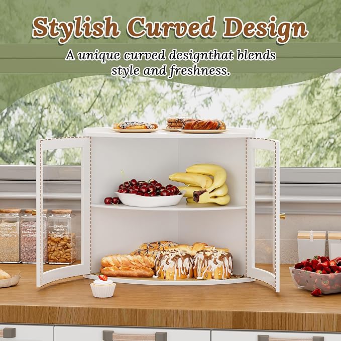 Trironsun Fan Shape Corner Bread Box for Kitchen Counter Double Layer Large Bread Storage Container with Acrylic Doors Farmhouse Wooden Bread Box Organizer for Homemade Bread (White)