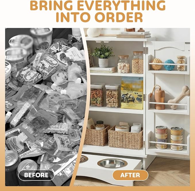 Dog Storage Cabinet with Bowls, Pet Food Storage Cabinet with Adjustable Shelves, Hidden Dog Feeding Station with Hooks, Letter Stickers, Pet Storage Organizer for Cats and Dogs