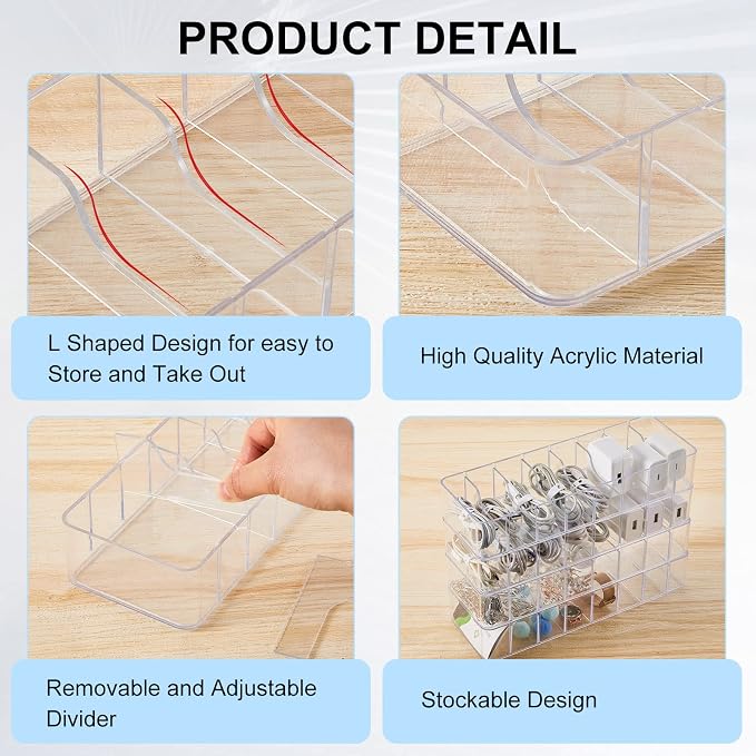 Tatuo 4 Pcs Cable Organizer with 40 Wire Ties, Plastic Cord Storage Charger Box Electronics Organizer with Adjustment Compartments Cable Storage for Drawer Home Office Desk Accessories (Clear)