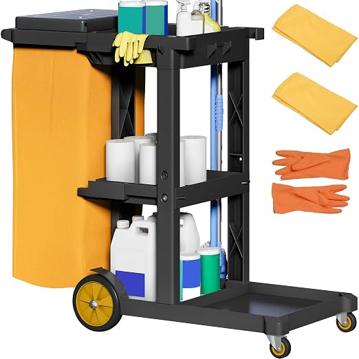 YITAHOME Black Housekeeping Carts, Janitorial Cleaning Cart on Wheels | 3-Shelf Commercial Traditional Plastic Janitor Cart with Lid & 2 Yellow 25 Gallon Vinyl Bag, Mop & Broom Holders