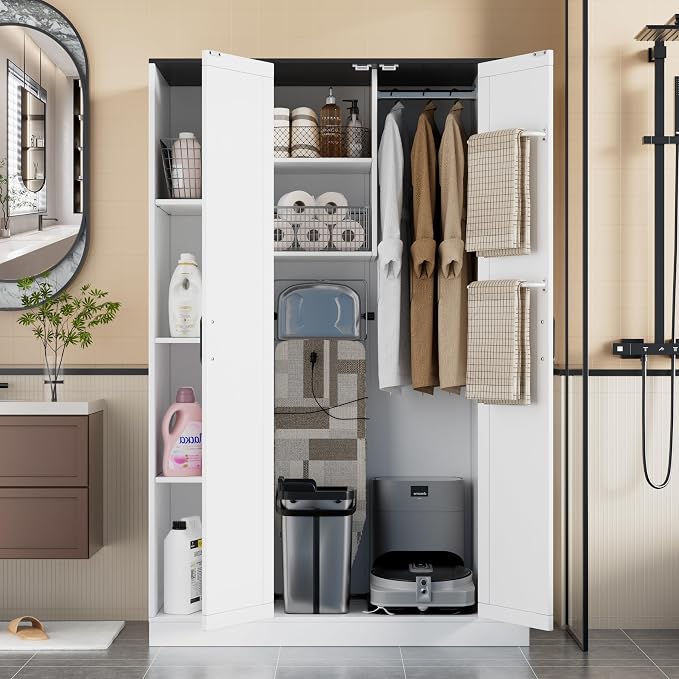 PAKASEPT Broom Closet Storage Cabinet, 63" H Wooden Vacuum Storage Cabinet, Closet with Door, Cleaning Tool Organizer with Shelf and Broom Holder, 63" H×35.4" W×15.7" D, White