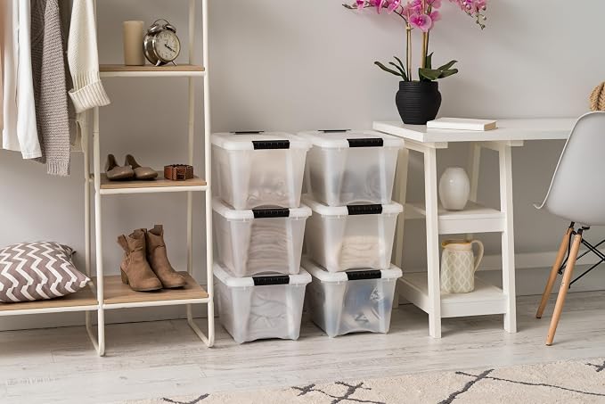 IRIS USA 6-Pack 19 Quart Storage Bins with Lids, Pearl | Conceals contents for a clean look. Great for linens, décor, closet storage, and supplies. Nestable design saves space