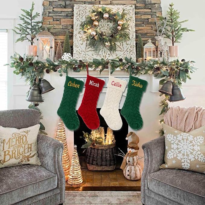 Personalized Christmas Stocking Large Custom Knitted Embroidered Name Xmas Stocking for Family Kids Pets Fireplace Party Decor