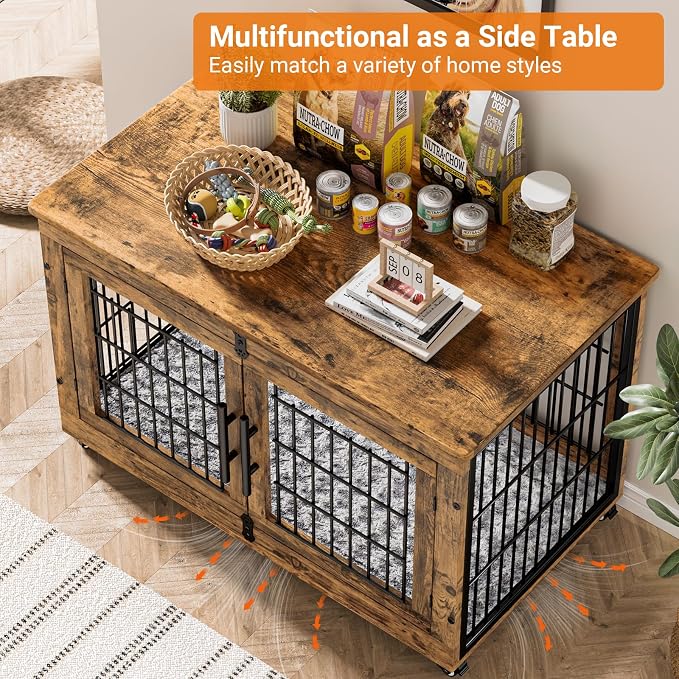 2 Pack Dog Crate Furniture, 38'' Heavy Duty Kennel with Cushion & Wheels | Rustic Brown, Double Doors, Wooden Dog Cage, Chew-Resistant, End Table, Decorative, 27"/32"/38"/44" Options, Indoor