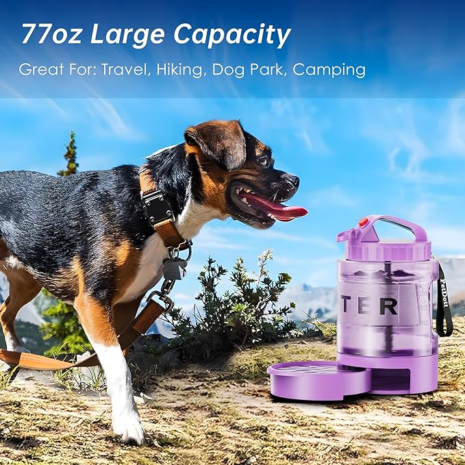 77oz Dog Water Dispenser, 2.2L Large Portable Dog Water Bottle with Pull-Out Drinking Bowl, BPA Free Leak-Proof Pet Travel Water Container for Camping, Hiking, Beach, Car Travel Essentials- Purple