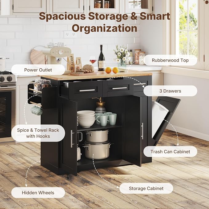 Dripex 41.5'' Rolling Kitchen Island with Power Outlet, Trash Can & Storage | Kitchen Island with Storage & Drop Leaf, Rubberwood Top, 3 Drawers, Mobile Kitchen Island on Wheels for Dining Room, Black